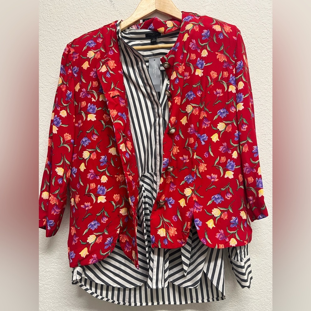 Vintage Floral Red Lady Blazer Shirt Jacket 14